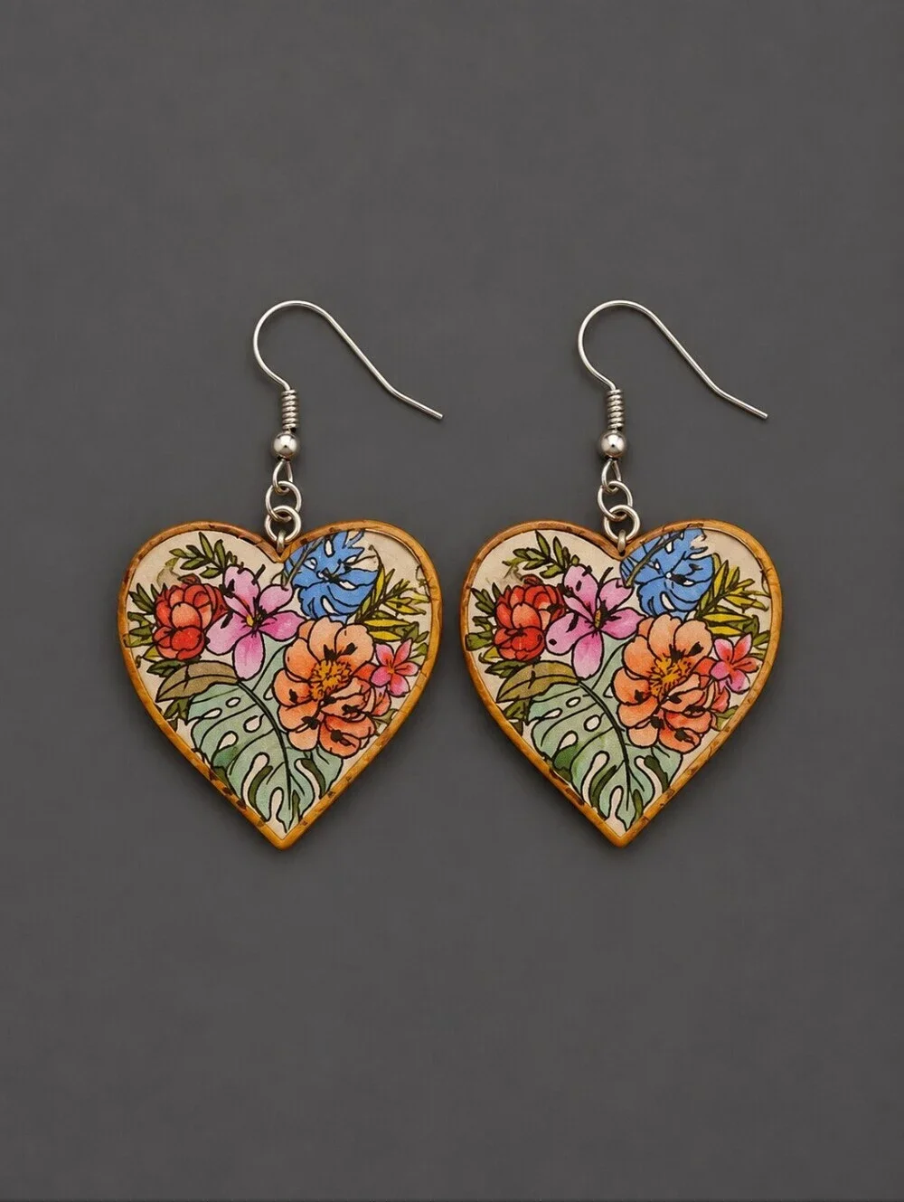 Vintage 1980s Floral Tropical Wood Heart Drop Earrings